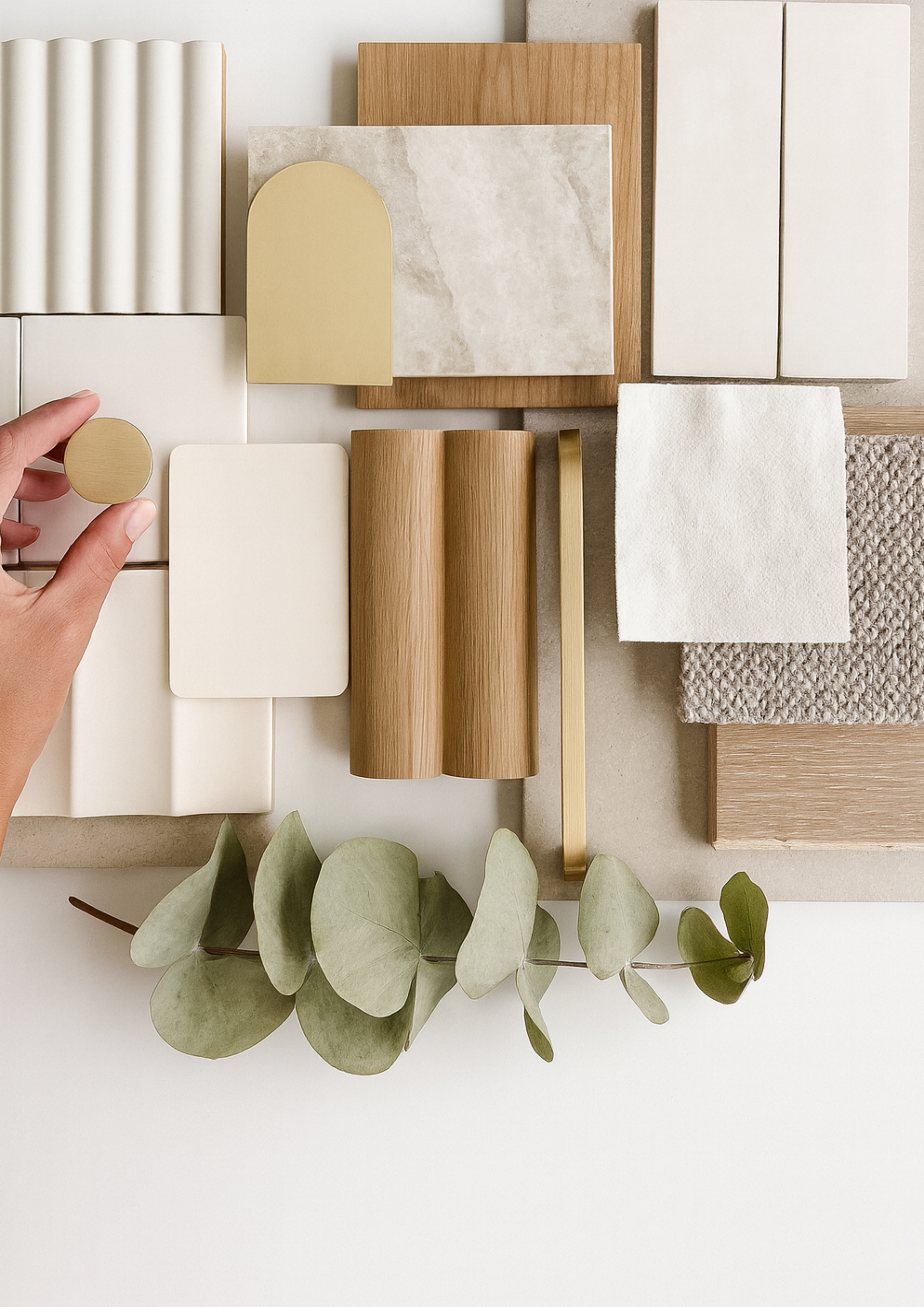 Flat lay of interior design material board with wood samples, stone finishes, brass hardware, textured fabrics, and eucalyptus greenery, showcasing modern minimalist and Scandinavian home design palette.