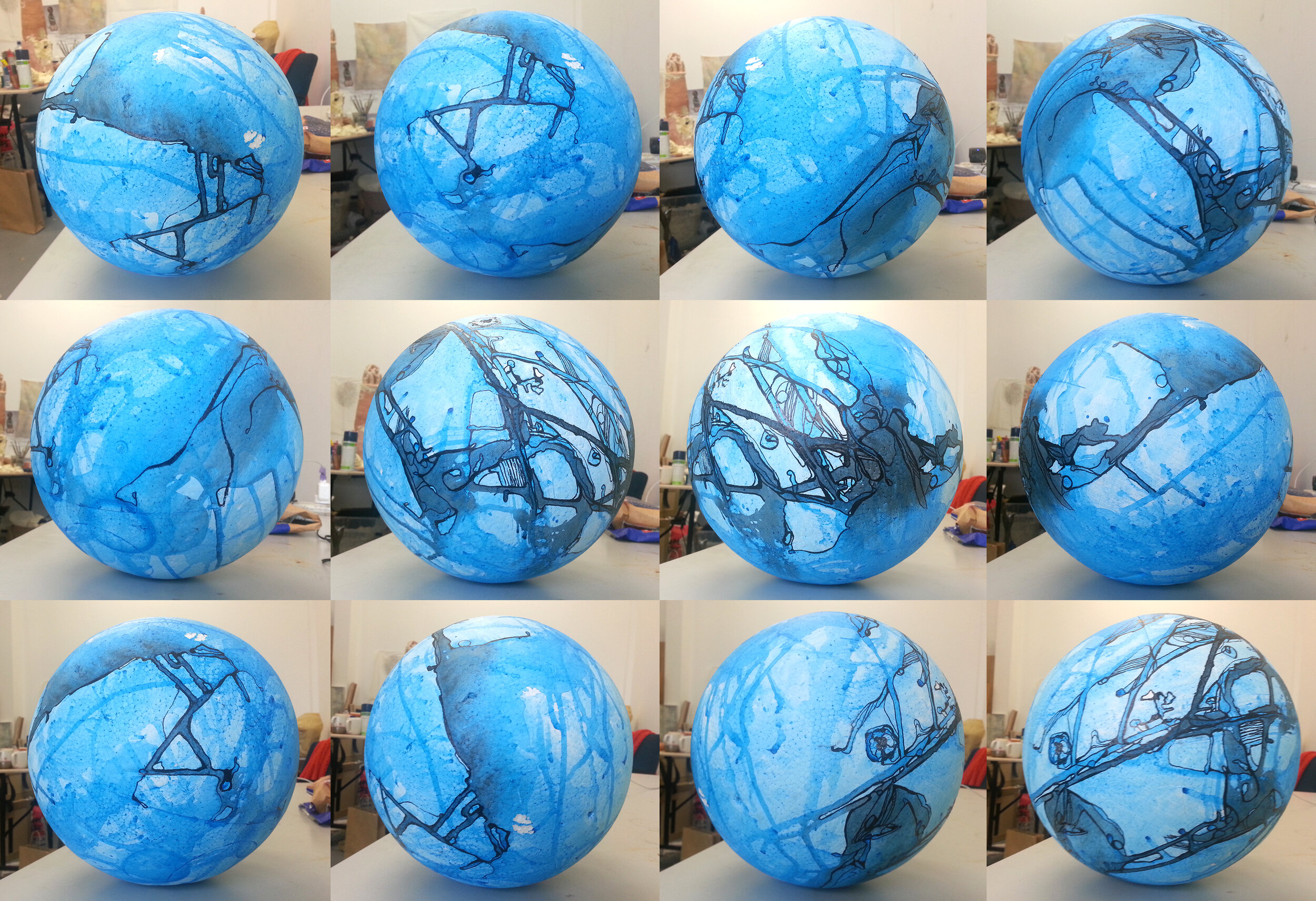  Acrylics and ink on polystyrene ball, 20cm diameter. 