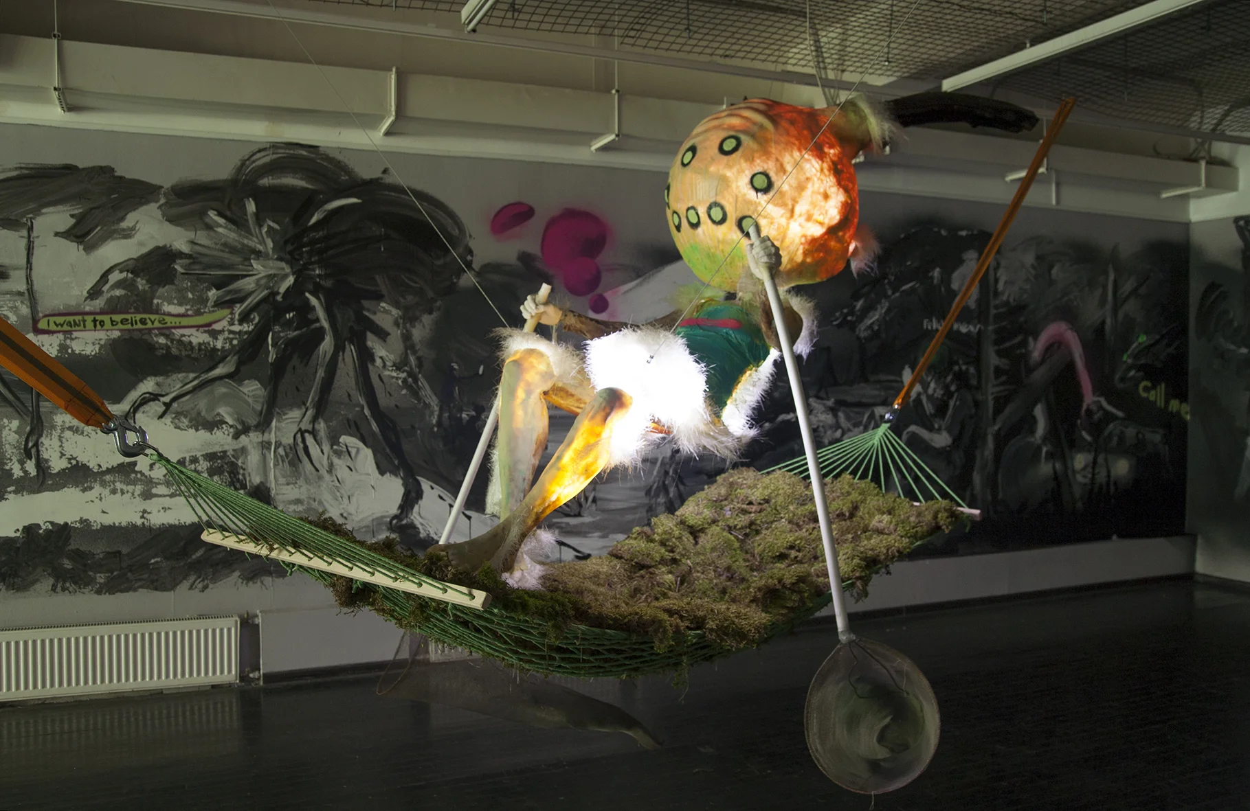 Vague feeling / смутное чувство 2017, fiberglass, neon, metall, hammock, moss 200x200x200cm