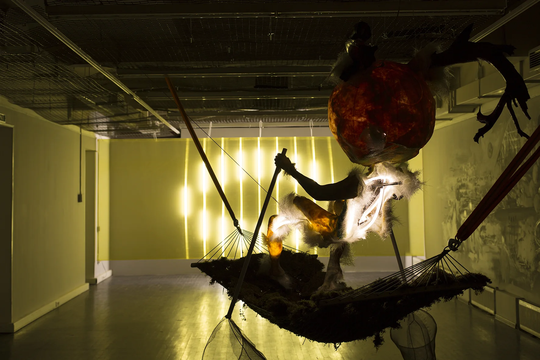 Vague feeling / смутное чувство 2017, fiberglass, neon, metall, hammock, moss 200x200x200cm