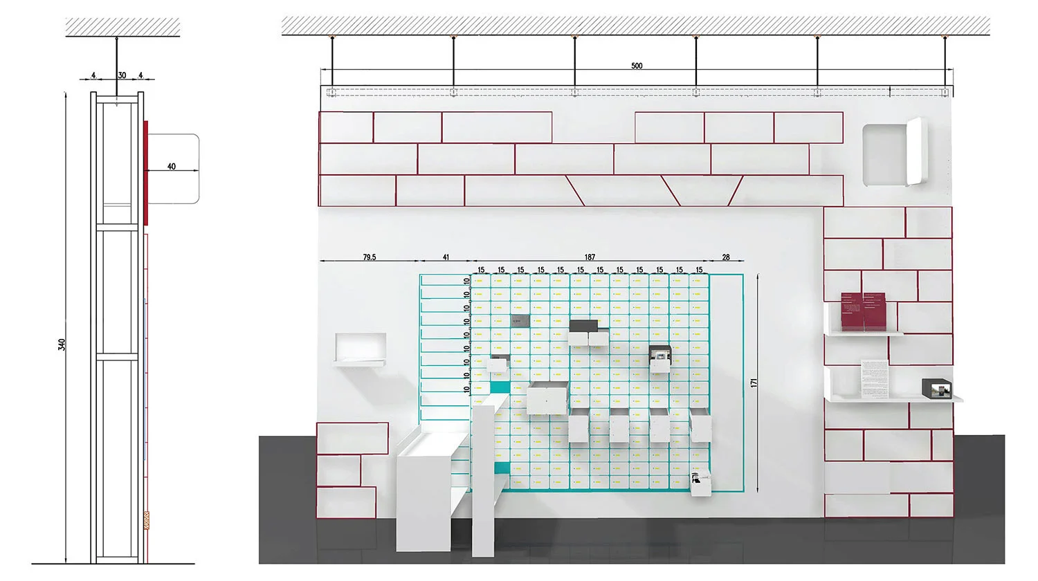 The installation is built from a sketch of the construction cross-section of the mail distribution center in Issawiya, Jerusalem