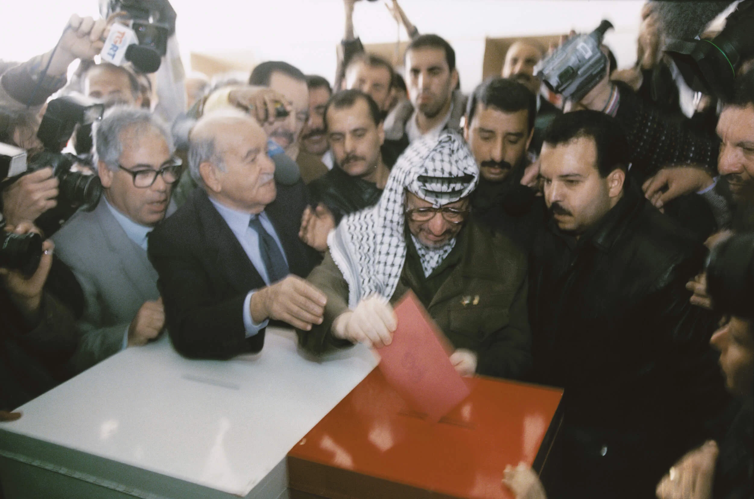 Gaza January 1996. PLO Chairman Yassir Arafat vote in the first Palestinian elections ever.