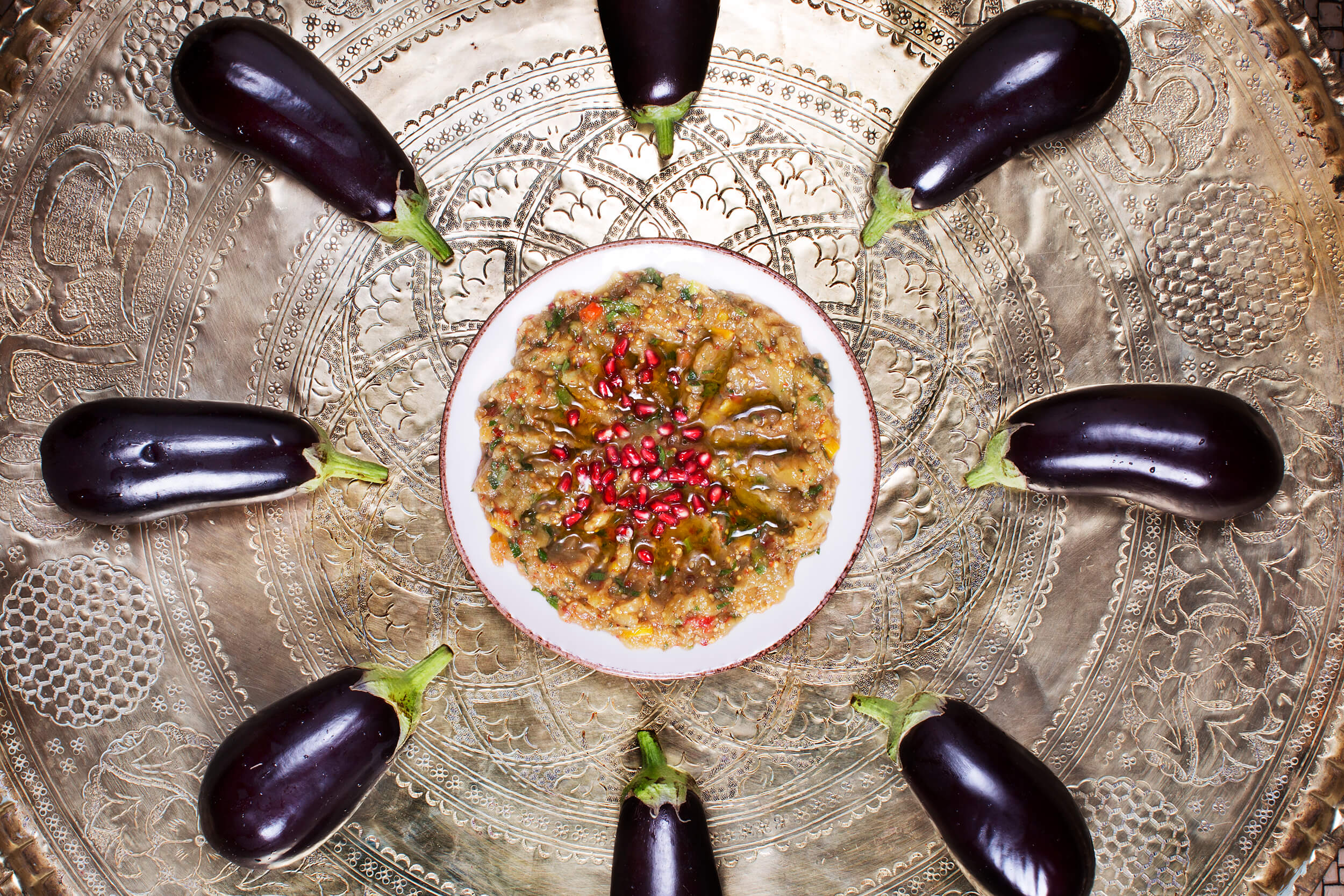  Cold Meze. Baba ganoush. Stir on eggplant, peppers, garlic and lemon. 