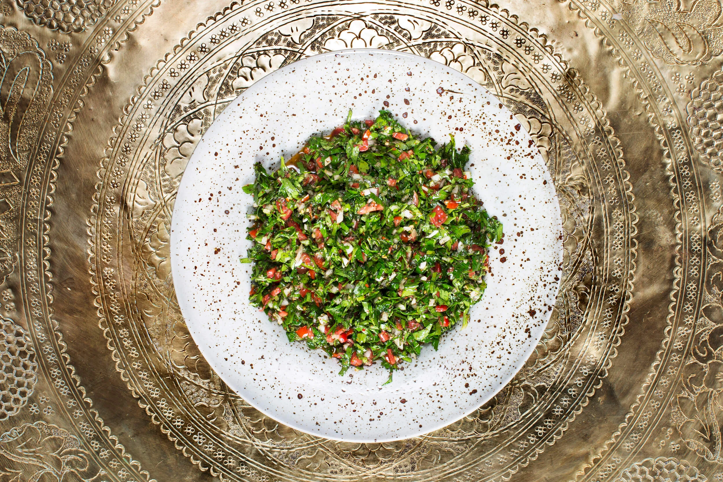 Cold Meze. Tabbouli. Chopped parsley with tomato, onion, bulgur and lemon.