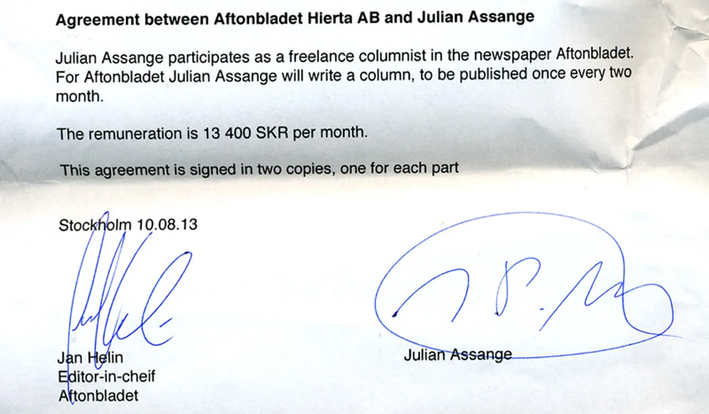 Avtalet mellan Aftonbladet och Julian Assange.