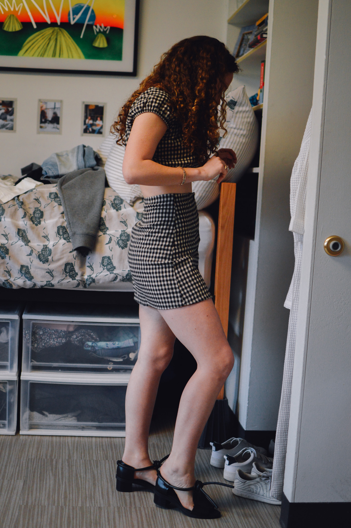 Shirt and skirt: Reformation, Shoes: Alpha 60