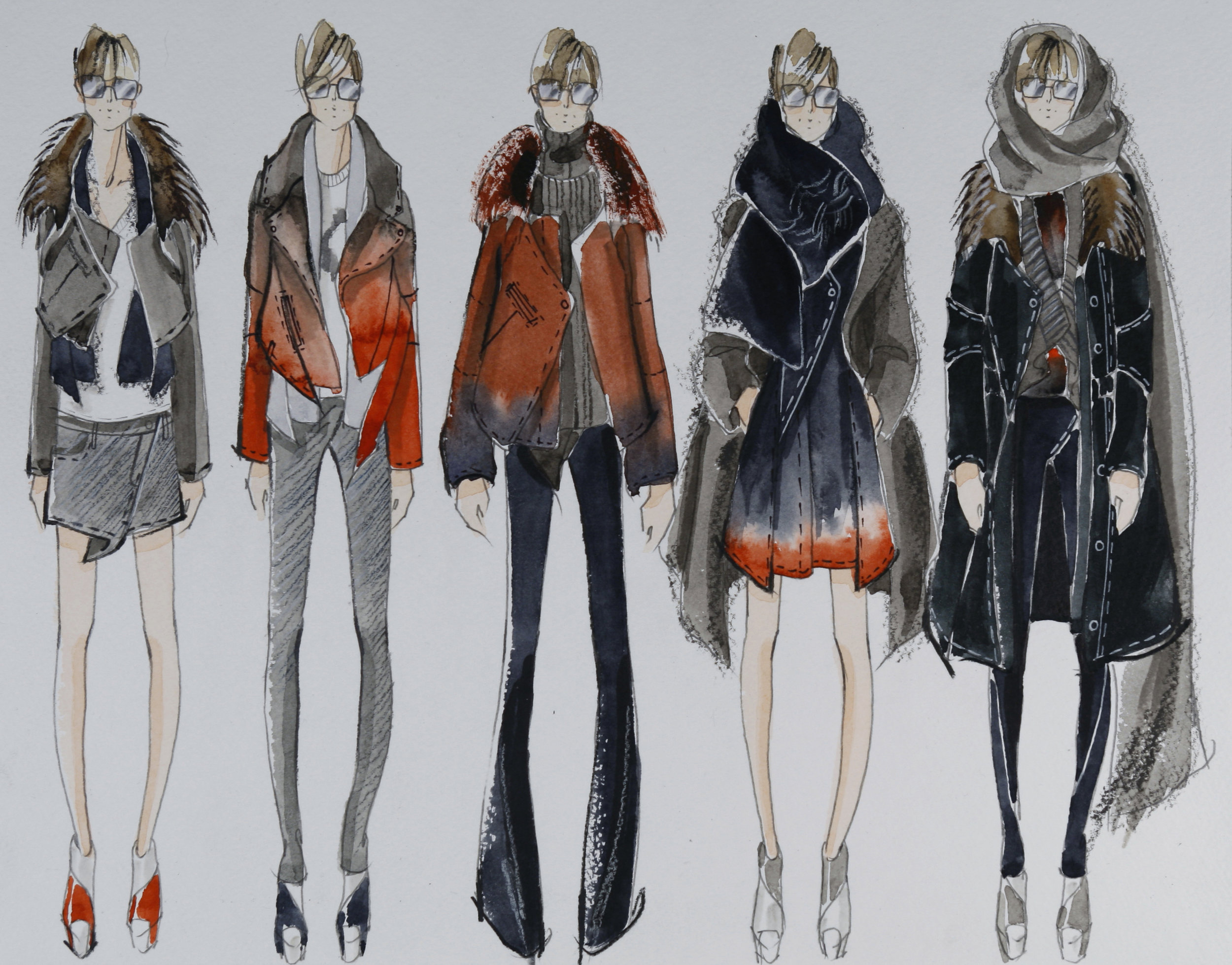 In the photo, notice the repetition of shapes even within the context of different outfits. Also how orange, a color usually associated with brightness, can be used to within a darker color palette.