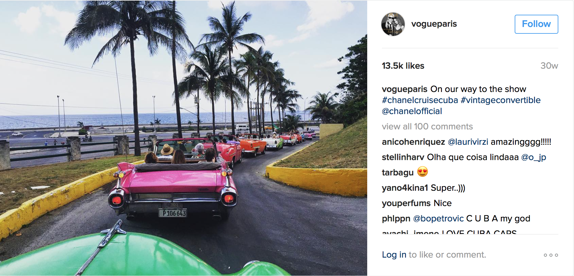 Fashion journalists driving around Havana in vintage 1950s cars