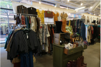 A full view of Meteer’s collection, Gypsy, which includes vintage jackets, leather boots, and ‘70s peasant dresses