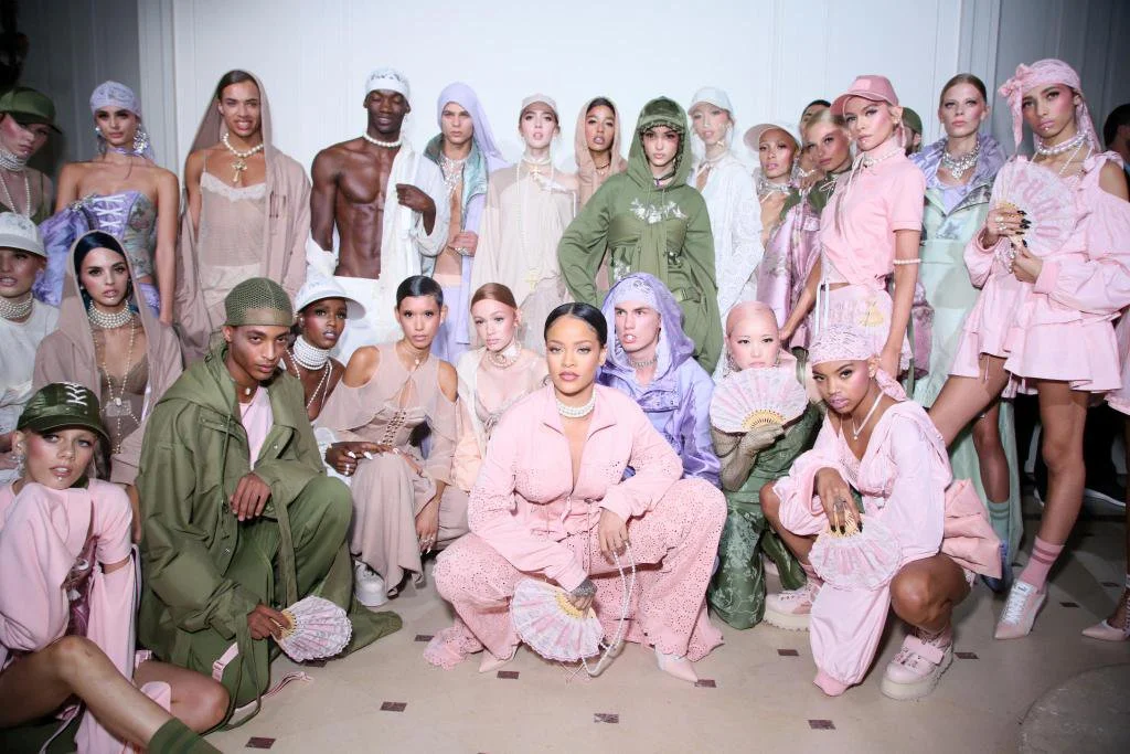 Rihanna backstage with models at the FentyxPuma runway show