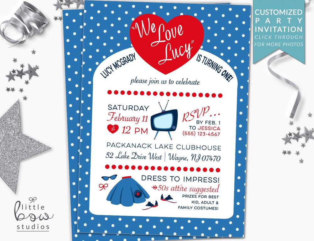 I Love Lucy Printable Invitation 50s First Birthday Party Invitation Retro 1st Birthday Party 50s Diner Theme Vintage Baby Shower Invite Little Bow Studios