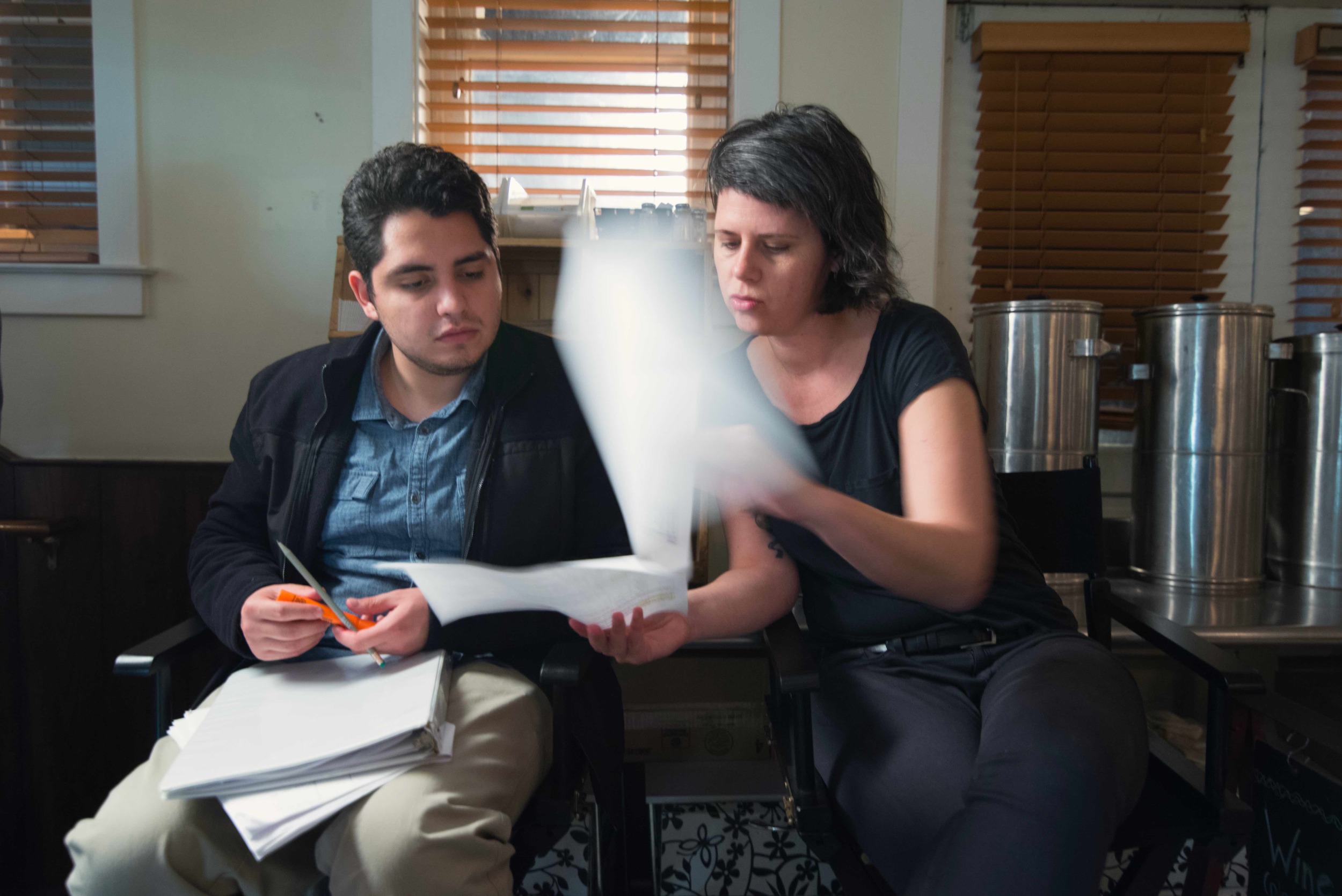  JAVA was produced with The Mason Film Lab in Film and Video Studies at George Mason University. Here Chesler works with Rodrigo Vasquez in script supervising. Image Dixie D. Vereen. 
