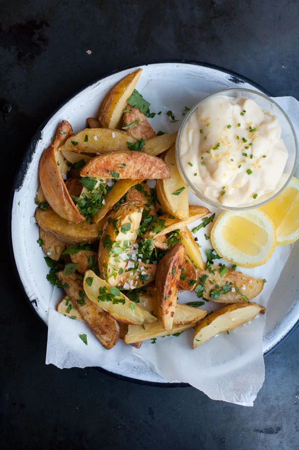 Roasted Potato Wedges with Herbs and Lemon Aioli