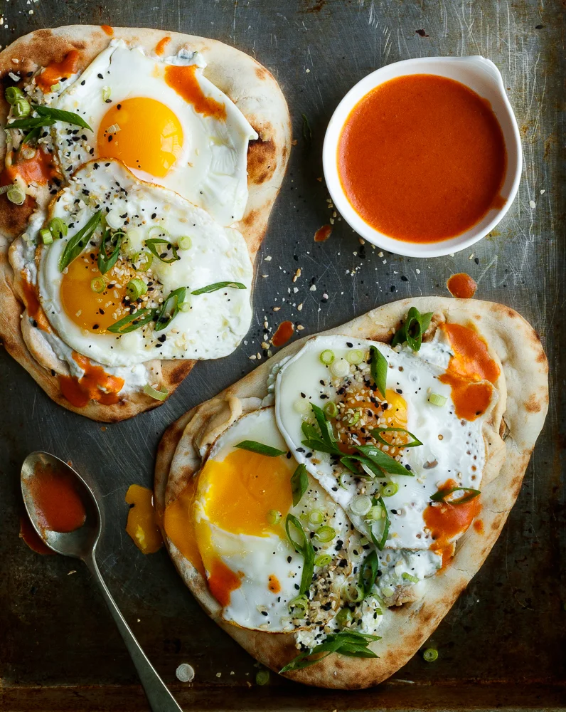 Fridge Foraging Naan with Hummus, Tzatziki, and Fried Eggs — Amanda