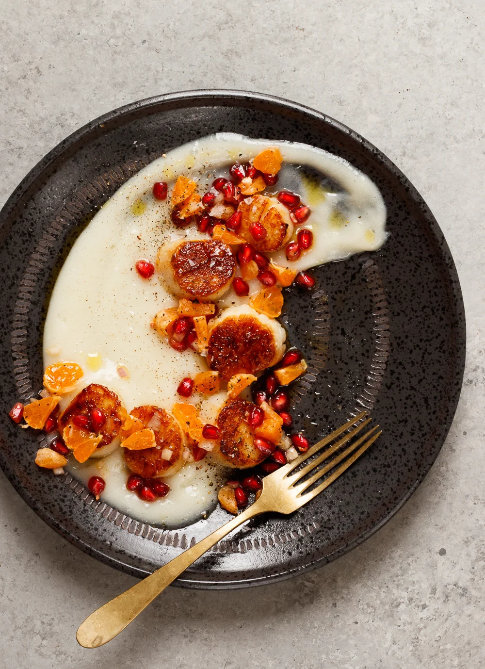 Scallops with Cauliflower Puree and Pomegranate Mandarin Relish — Amanda Frederickson
