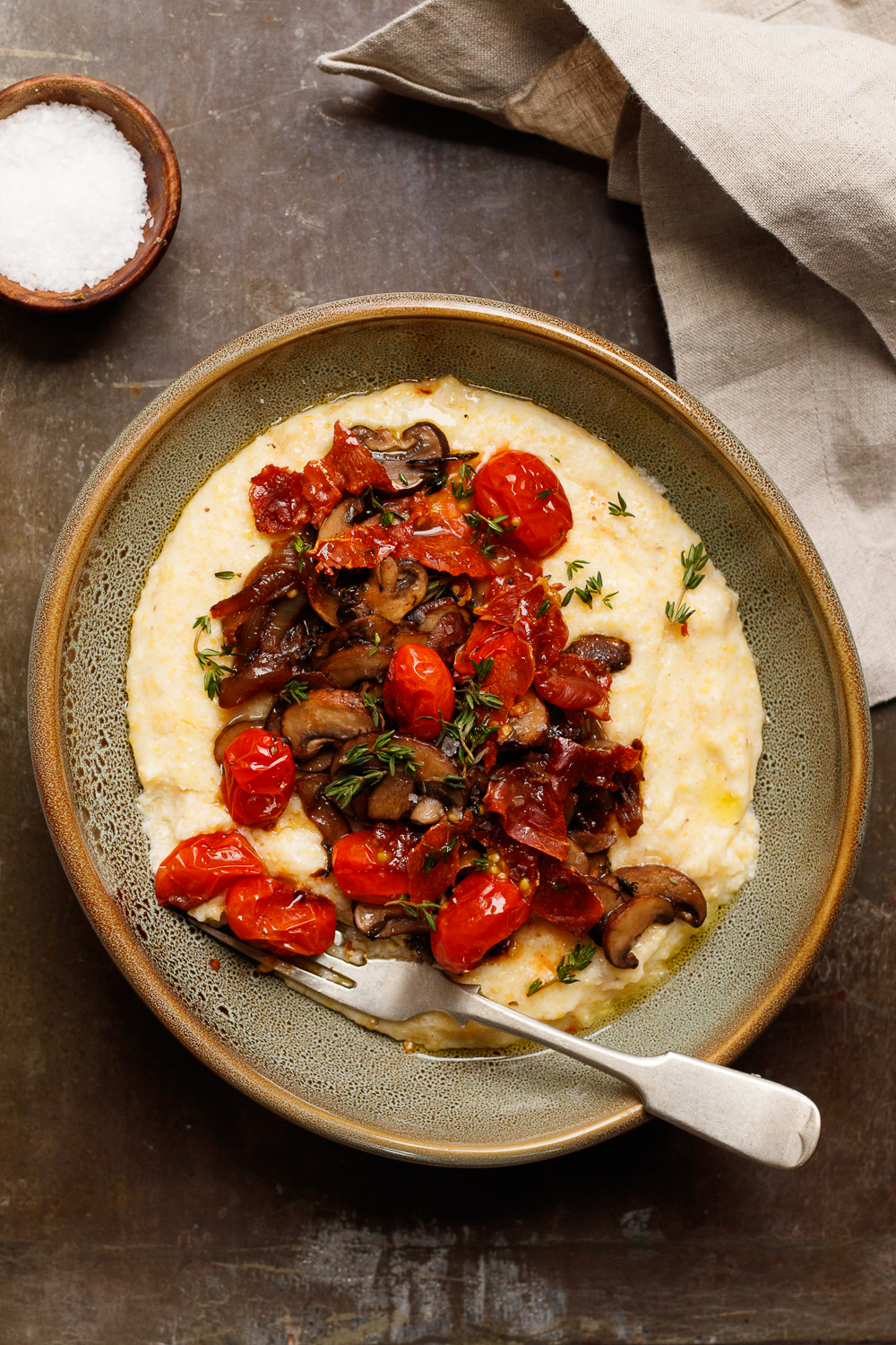 Polenta with Caramelized Onions, Blistered Tomatoes, and Sauted Mushrooms 