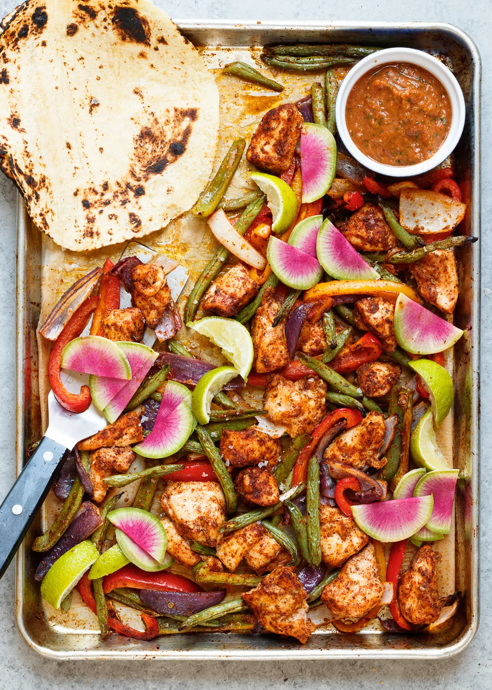 Sheet Pan Chicken Fajitas with Roasted Tomato Salsa 