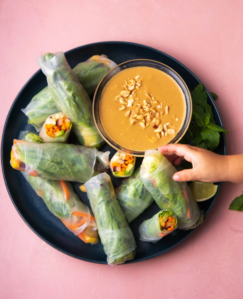 Vegetable Spring Rolls with a Peanut Dipping Sauce 