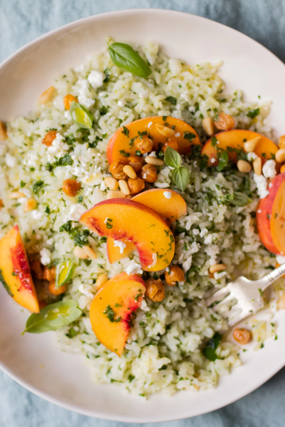 Green Rice Salad with Peaches, Goat Cheese, and Pine Nuts 