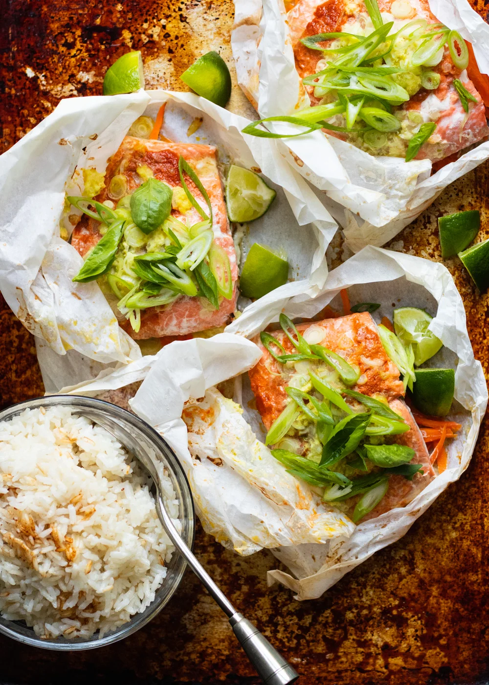 Thai Inspired Salmon in Parchment with Coconut Rice 