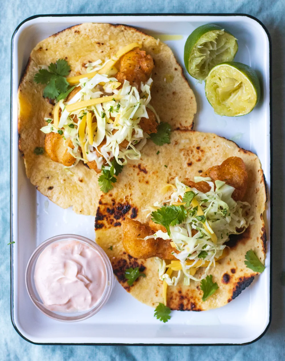 Baja Style Tempura Fish Tacos with Mango Cabbage Slaw