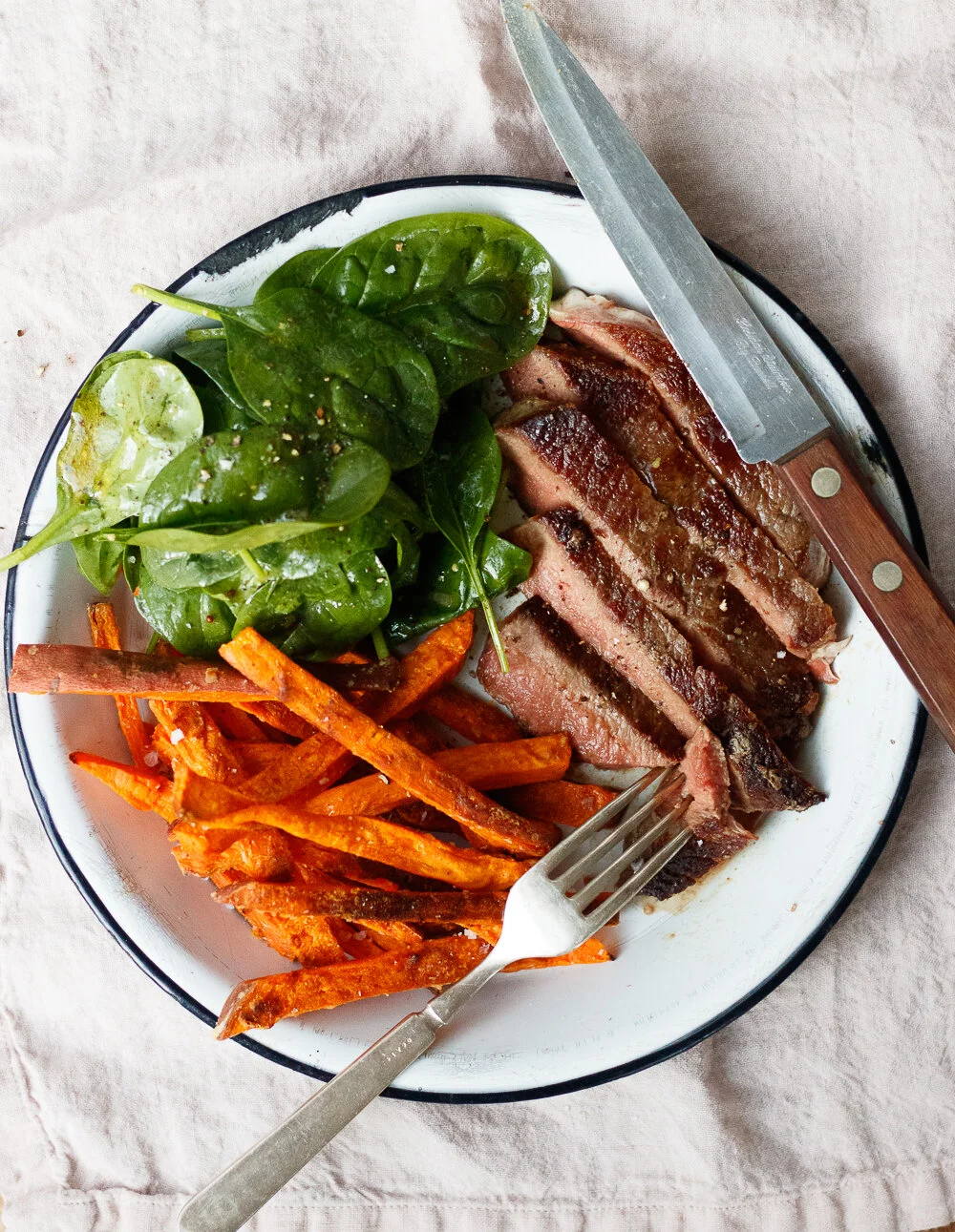 Seared Steak with Crunchy Sweet Potato Fries and Spinach Salad — Amanda