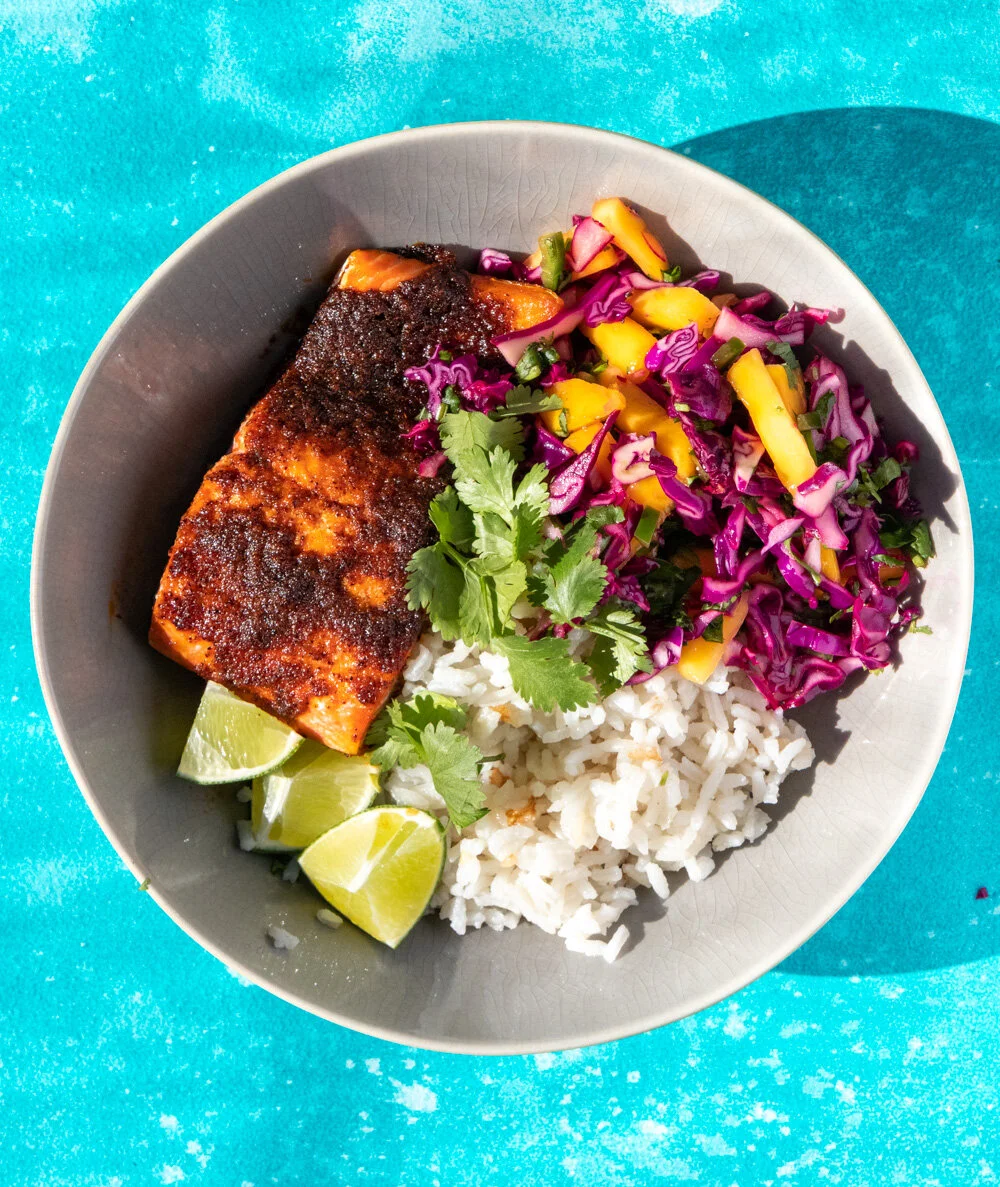 Bbq Salmon Rice Bowls With Mango Cabbage Slaw Amanda Frederickson