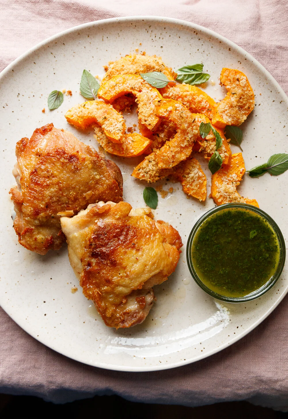 Crispy Chicken Thighs with Butternut Squash Fries and Basil Vinaigrette 