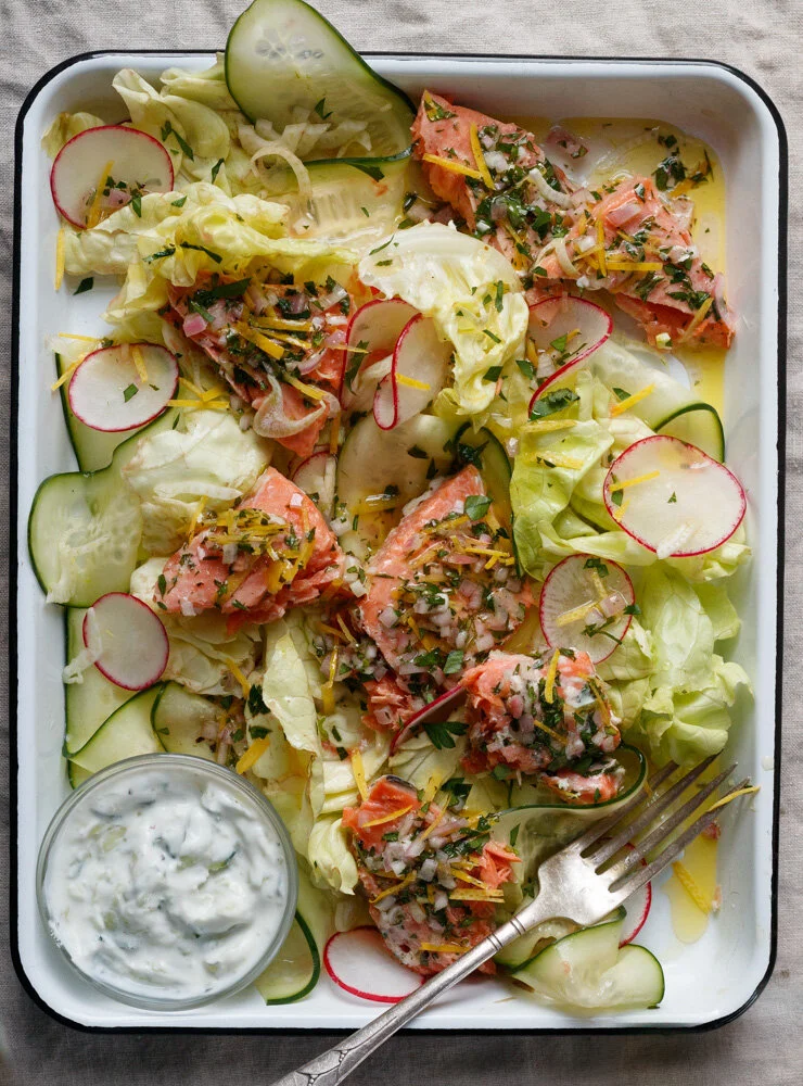 Roast Salmon Salad with Crispy Potatoes and a Cucumber Yogurt Sauce 