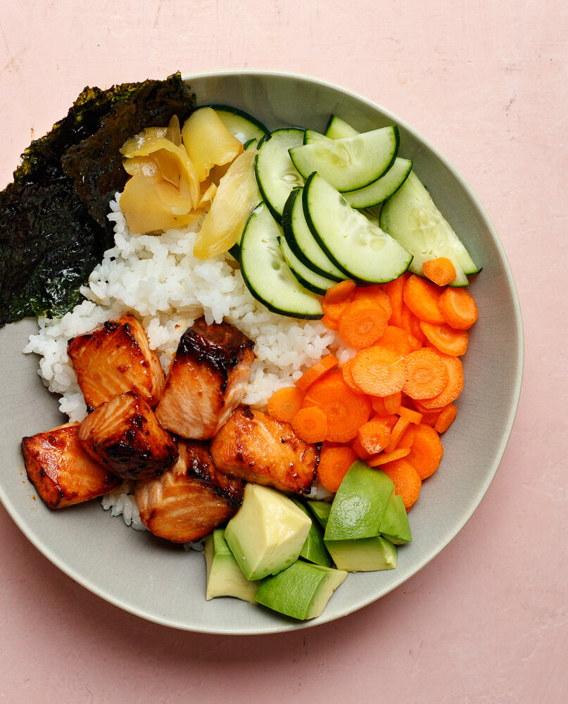 Roast Salmon Sushi Bowl with a Wasabi Soy Drizzle 