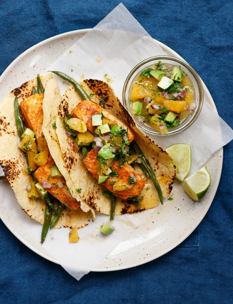 Sheet Pan Fish Tacos with Green Beans and a Citrus Salsa