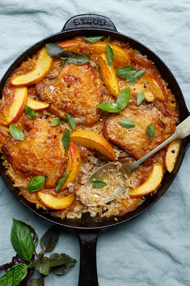 One Pan Chicken and Rice with Peaches and Basil 