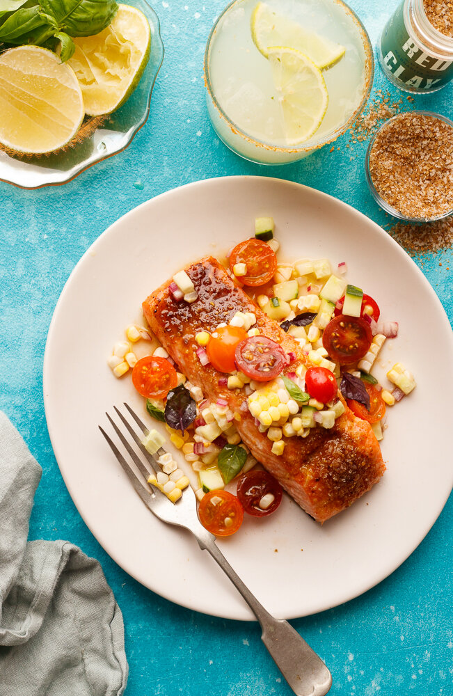 Roast Salmon with a Fresh Corn, Tomato, and Cucumber Salsa