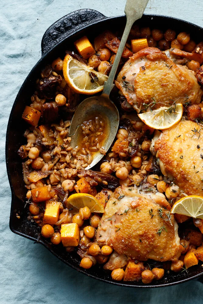 One Pan Chicken and Farro with Butternut Squash, Chickpeas, and Dates