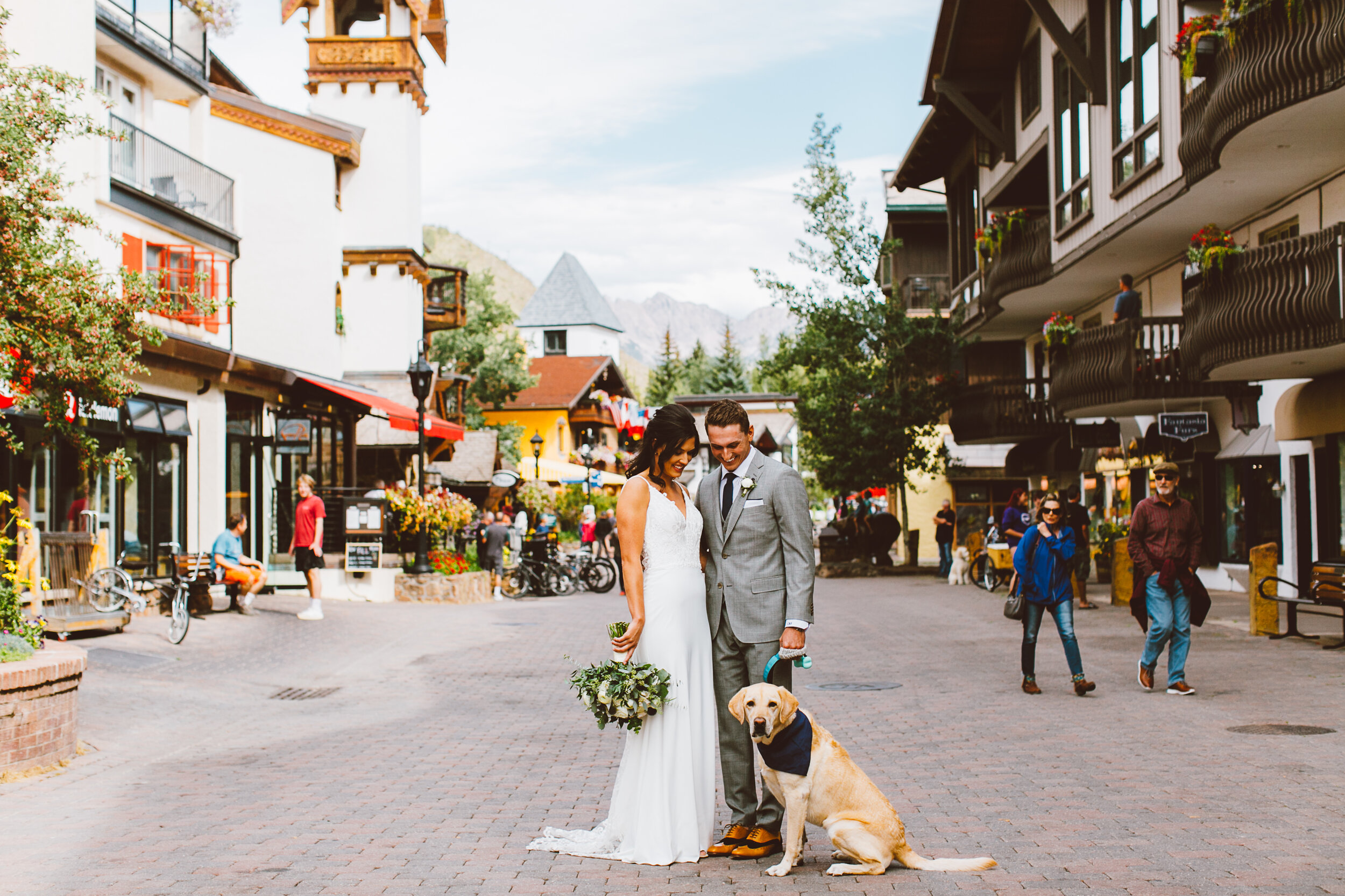 Vail Village wedding couple with dog