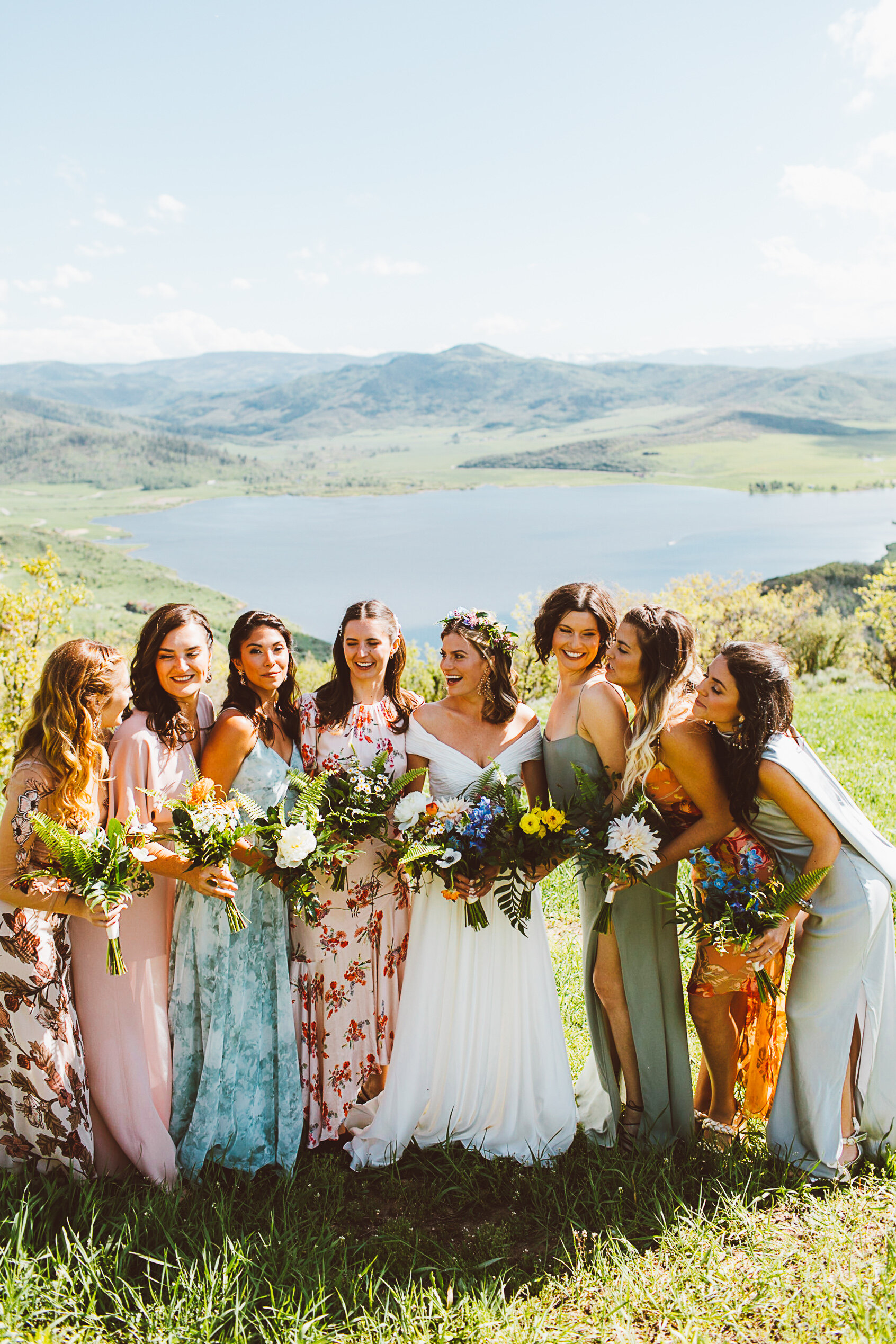 Bride with bridesmaids outdoors in Steamboat Springs Colorado