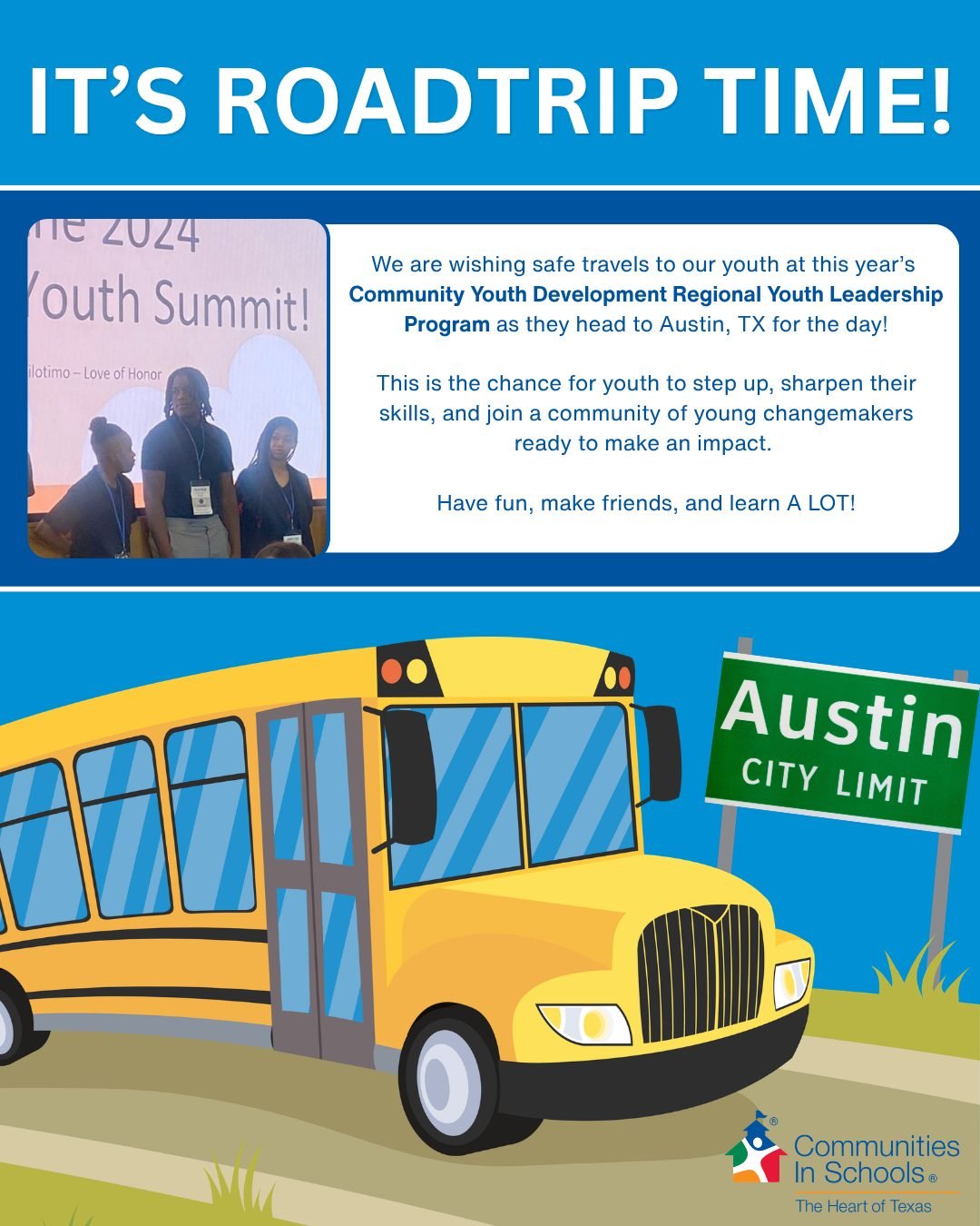 Wishing our students safe travels today as they head to Austin for this year's Community Youth Development Regional Youth Leadership Program. 

We hope you have a wonderful experience, learn lots, and represent our community well. We're proud of you 