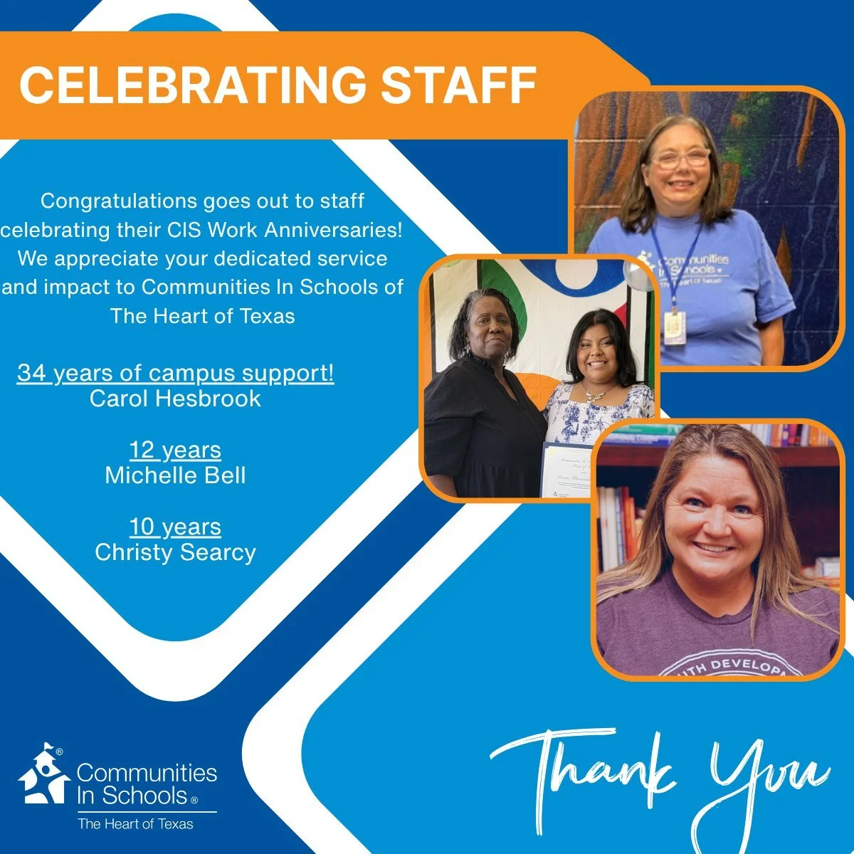 This month, we are proud to recognize and celebrate the dedication of our team members reaching important work anniversaries.

A special congratulations goes to three outstanding employees who have each been with CIS HOT for 10 years or more! And an 