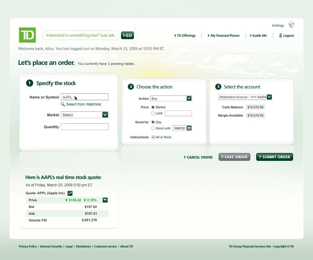 TD BANK - Place An Order Pg