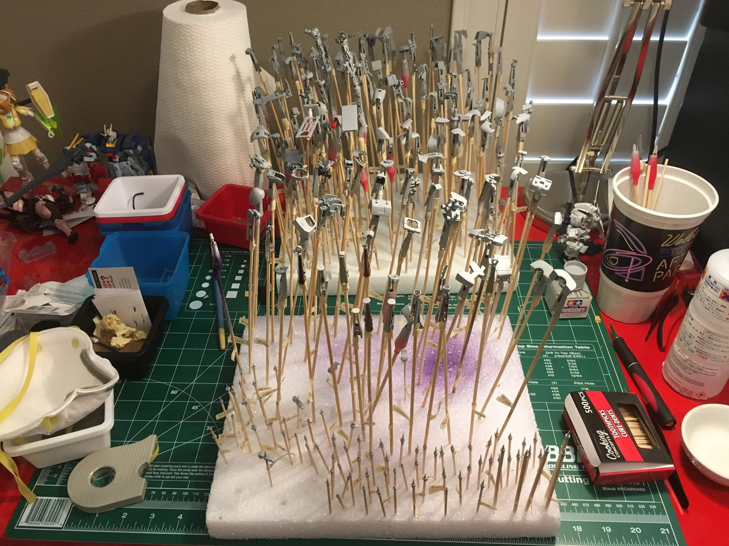 All parts on clips and primed (except the weapons; after running out of clips a second time I didn't want to make more). I think it's about 130 pieces.