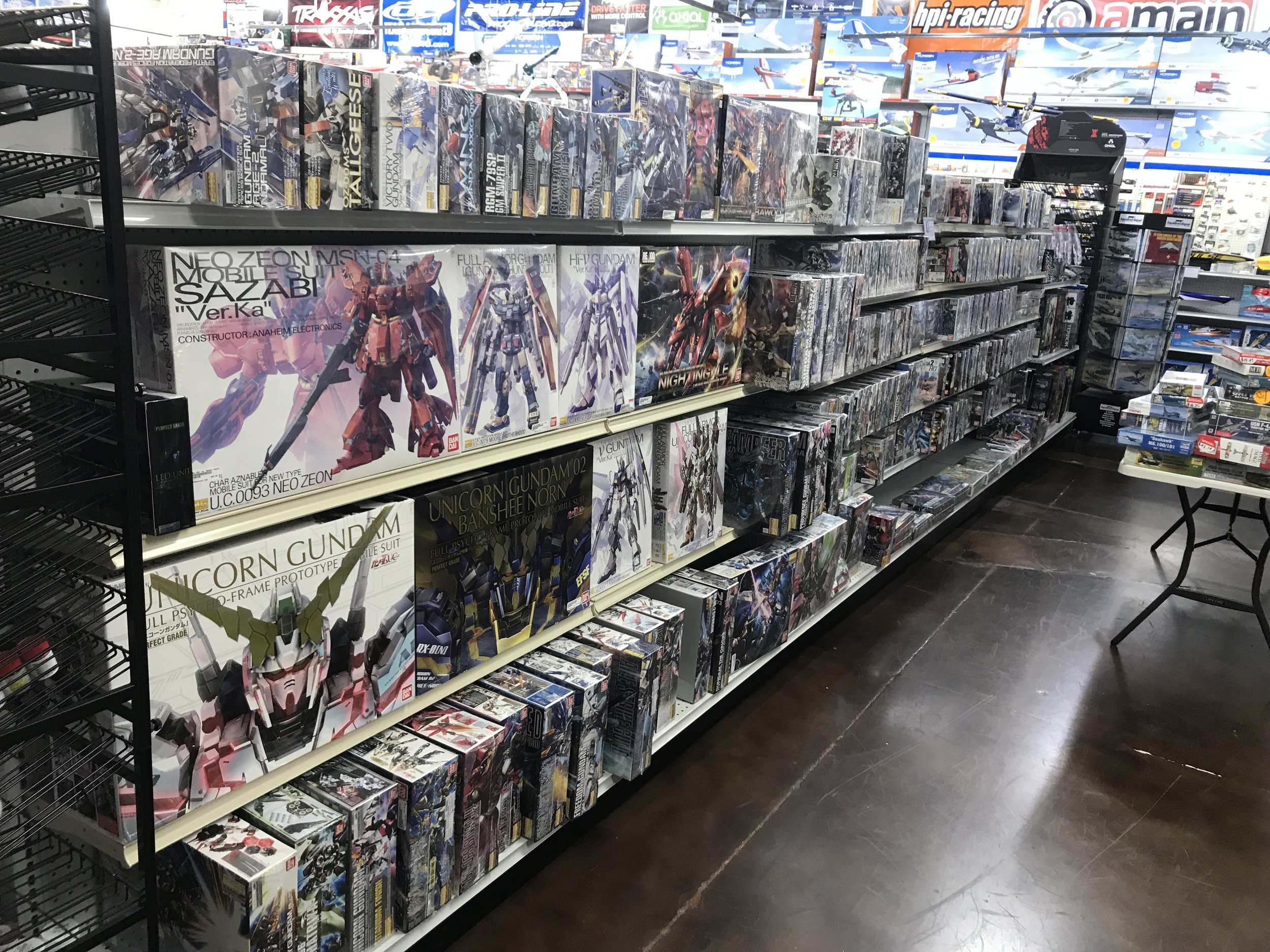 A Gunpla section in a hobby store.