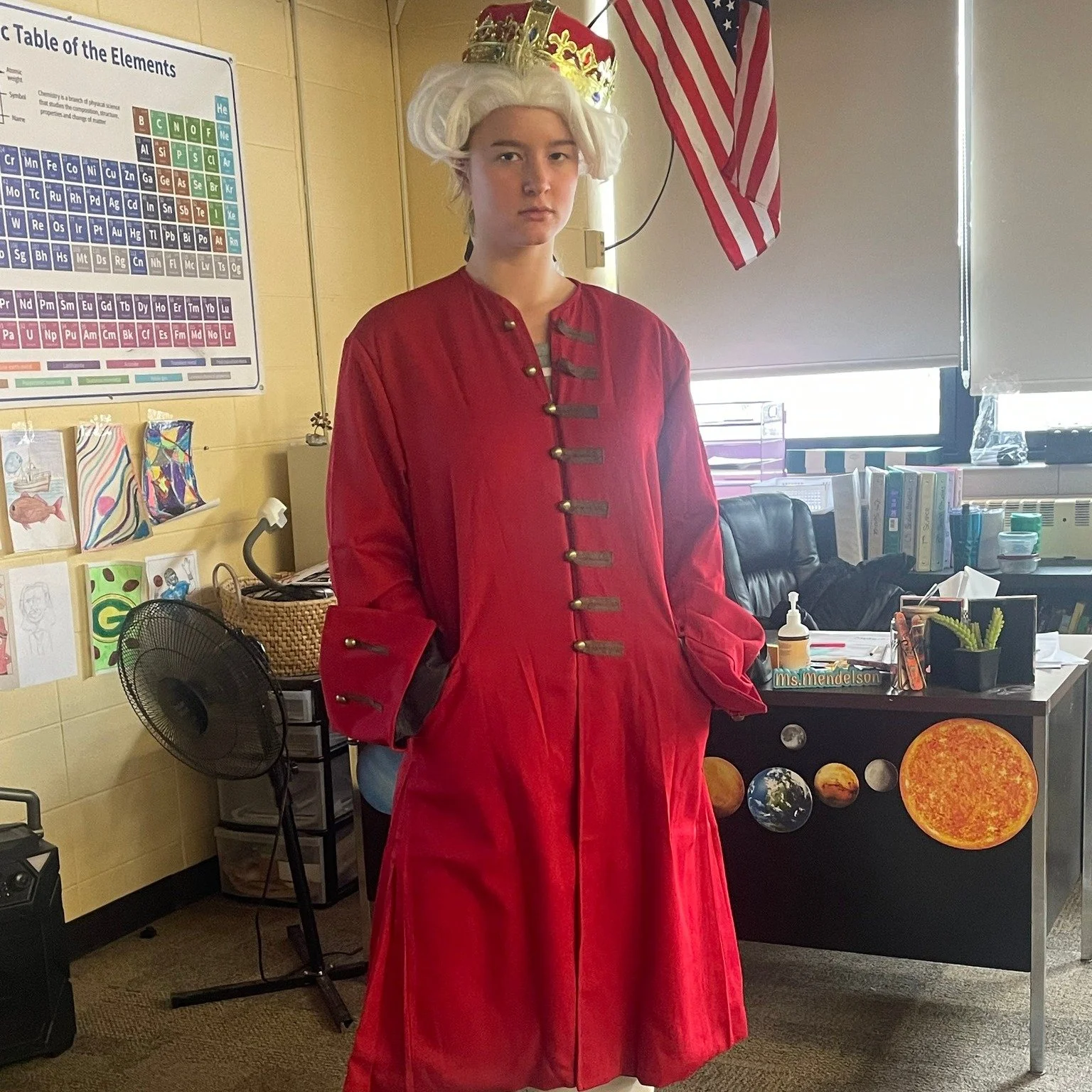 Seventh graders got a surprise today in social studies when King George showed up to teach them about taxation by imposing taxes on things that they were used to getting for free, such as filling up water bottles and restroom breaks! 💰