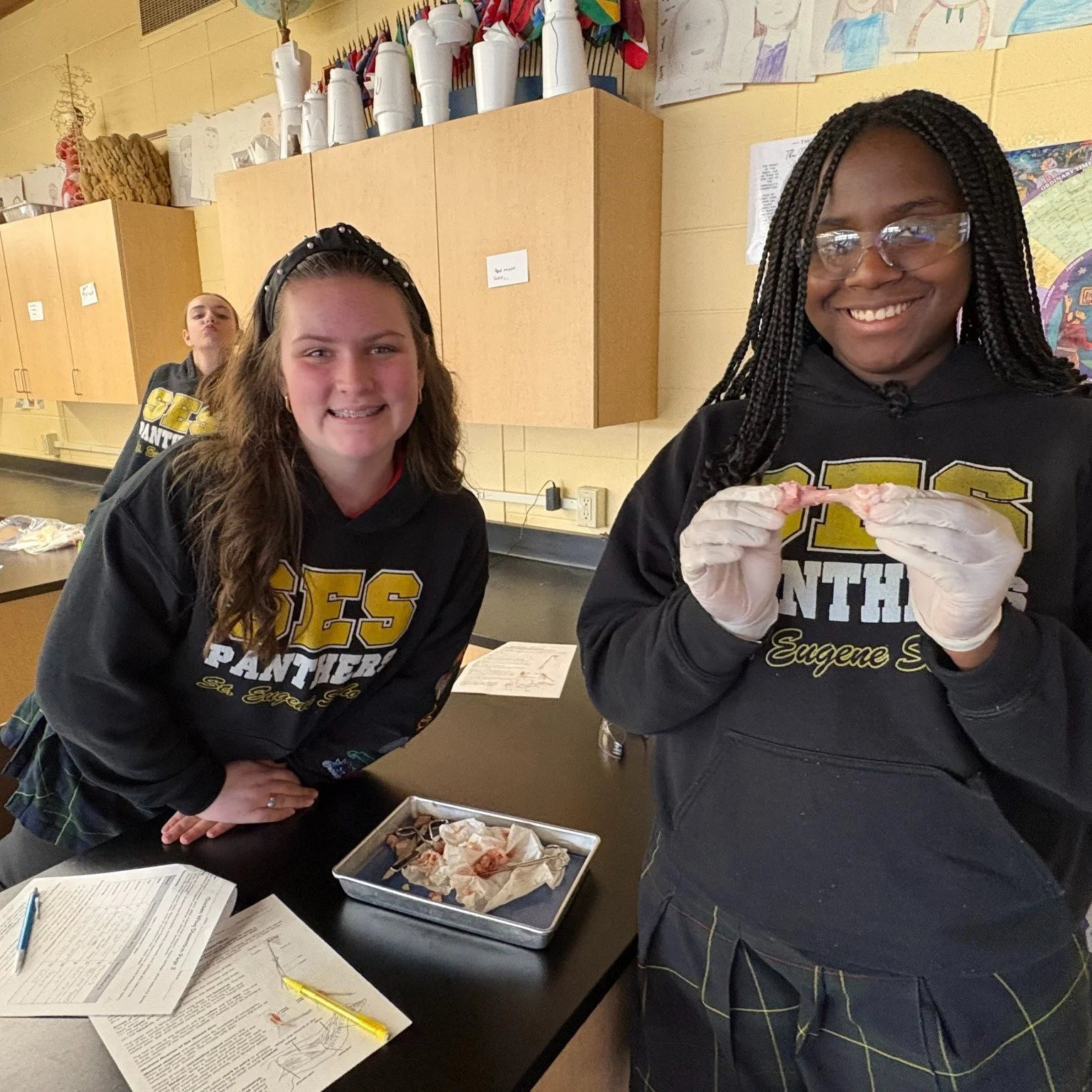 DISSECTION DAY! 🍗
Seventh graders had fun in science class dissecting chicken wings.  Don't they look like "bone"-ified scientists? 😁