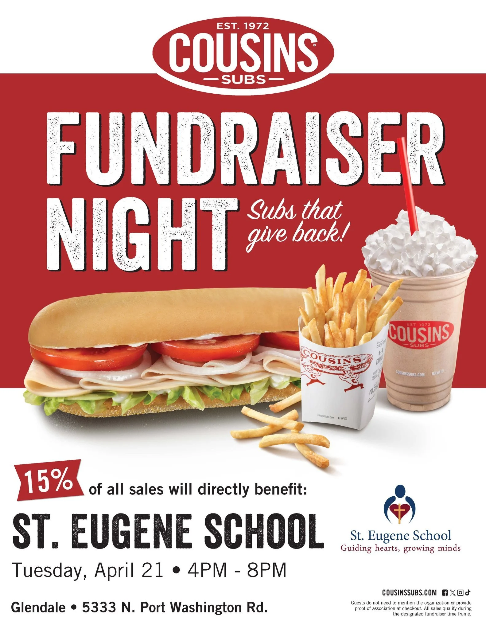 Mark your calendars for next Tuesday, April 21!  Take a night off from cooking and get subs that give back! 🤤