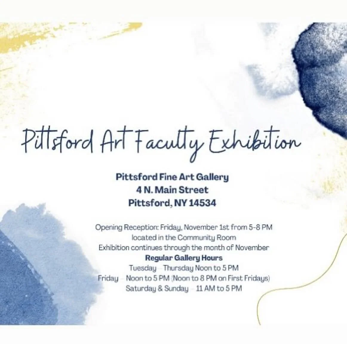 Join us for #firstfridayroc at @pittsfordfineartgallery from 5-8 on November 1st for our Pittsford Art Faculty Show. It will be up the month of November, so if you can&rsquo;t make the opening, you can still visit anytime the gallery is open. It will