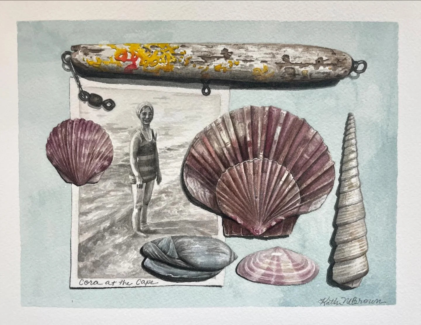 &lsquo;Cora at the Cape&rsquo; watercolor on paper, 7.25x 5.5&rdquo;. 2024
.
.
.
#seashells #beachcombing #thecape #scallopshell #lure #antiquelure #lostandfoundcollection #watercolor #watercolorartist #watercolorpainter #painting #artistofinstagram 