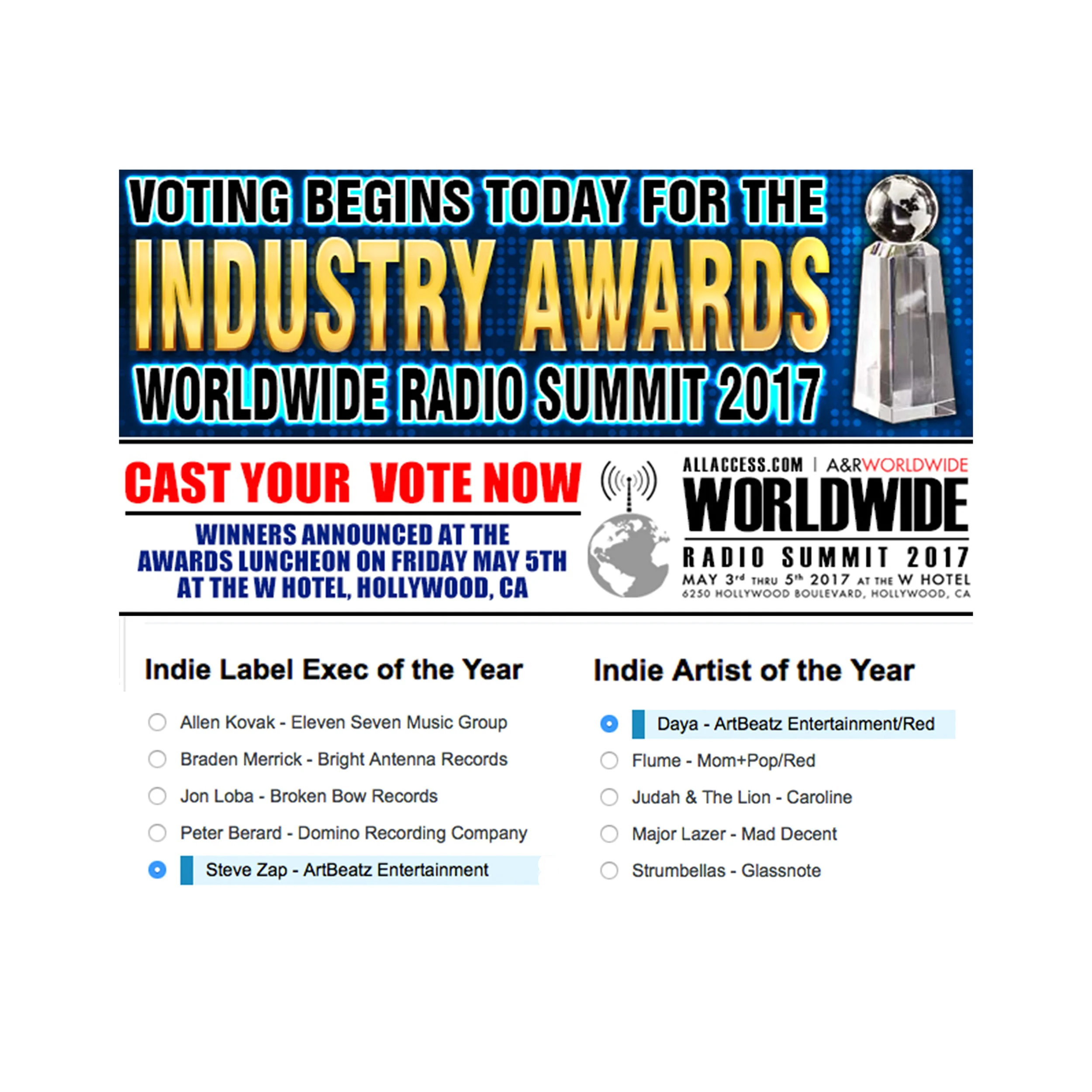 Industry Awards Worldwide Radio Summit 2017 All Access Music Group The "cake is in the oven" as they say! Two months worth of reader-driven nominations are finalized and the voting for THE WORLDWIDE RADIO SUMMIT 2016 INDUSTRY AWARDS is well underway! Steven Zap is nominated for Indie Label Exec of the Year & Daya is nominated for Indie Artist of the Year. Congrats! Cast your vote here .