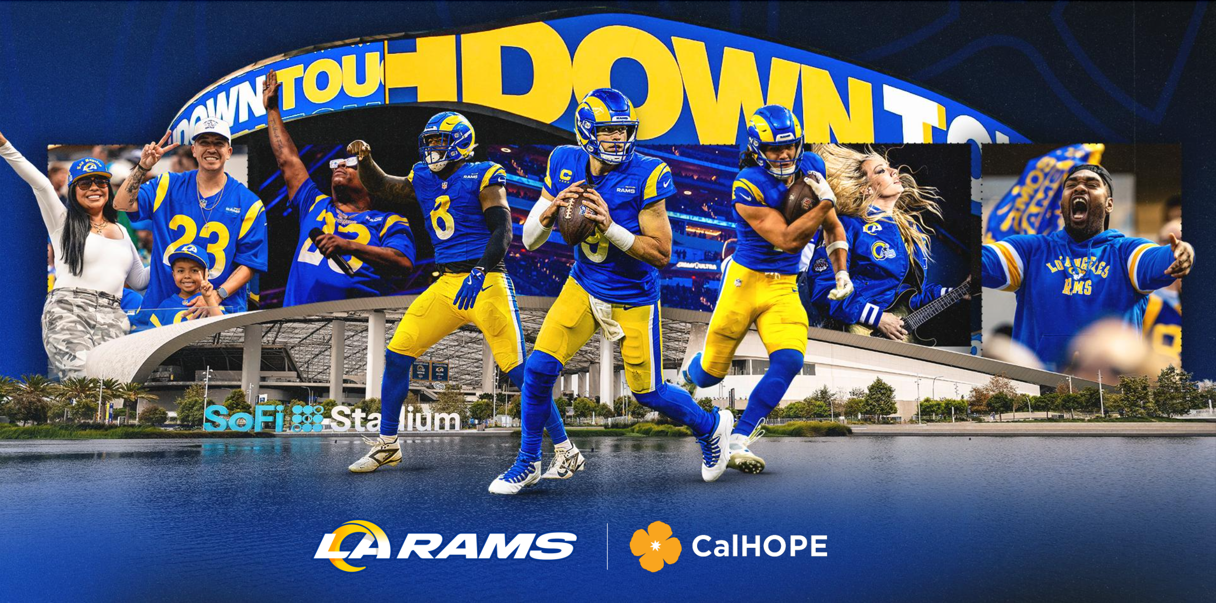 Collage featuring Los Angeles Rams football players in blue and yellow uniforms, fans cheering, and a stadium background with the words 'Down to' and 'Power' in large letters.