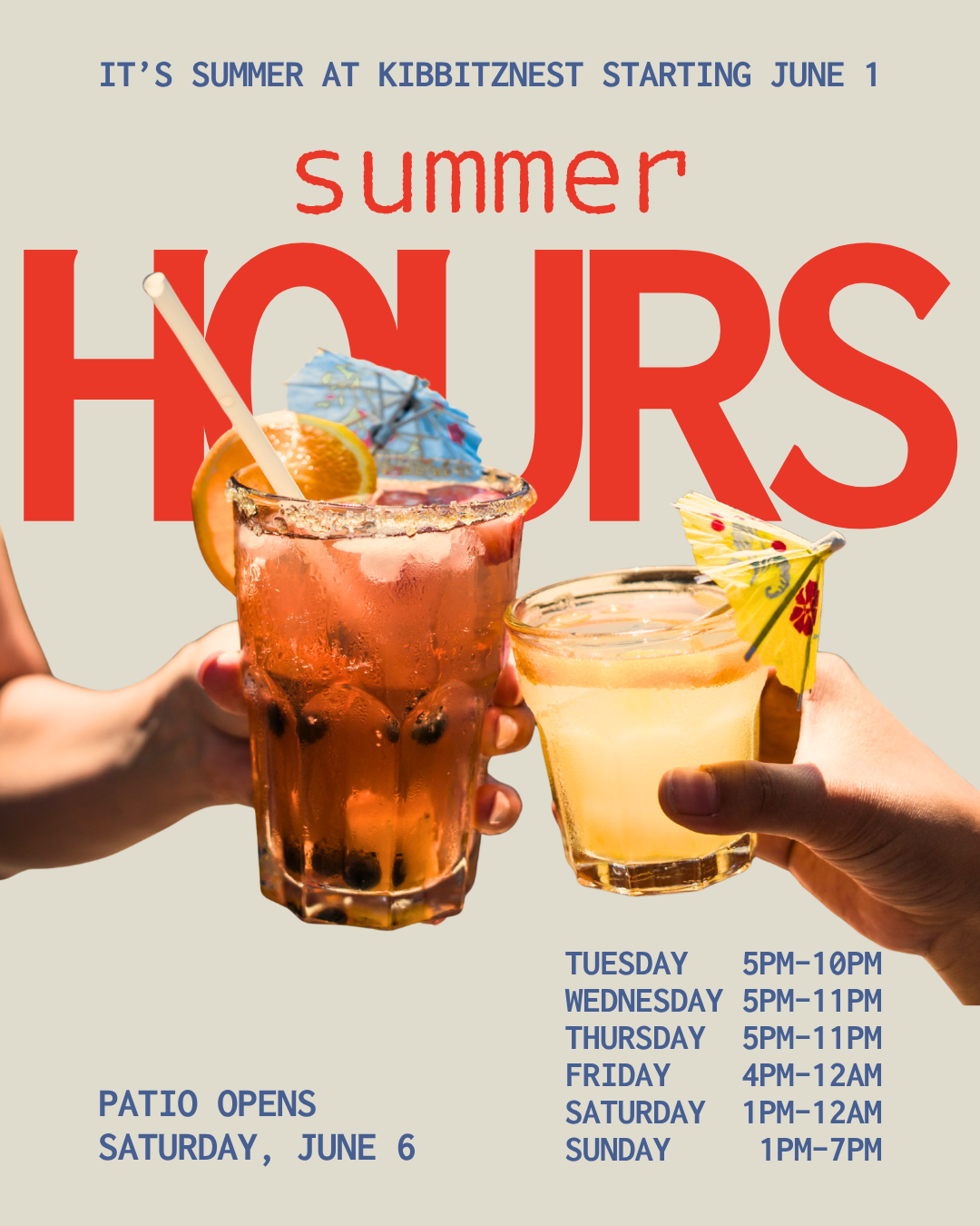 New Summer Hours starting June 1st, Outdoor Patio will open June 6th. the parking lot will be closed starting June 3rd.