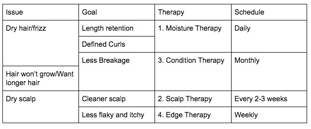Moisture Therapy • In the morning or at night, spritz entire head of hair with water • Apply leave-in conditioner to sections from tip to root (not applying to scalp) • Style as normal Scalp Therapy • Every 2-3 weeks Use cleansing shampoo or shampoo bar • Apply only to scalp and massage with pads of fingers on entire scalp • Rinse thoroughly with warm to cool water • In between shampoo days, you may use a ACV rinse to alleviate itchiness from sweat and/or debris. Use 1Tb of Apple Cider Vinegar to 1 C water in applicator bottle Condition Therapy • Find a deep conditioner that has a hydrolyzed protein (oat, rice, silk, etc) • Follow instructions on products (typical apply and then cover for 20-30 minutes then rinse thoroughly • Apply leave-in conditioner and style as normal Edge Therapy • Use spritz edges with water • Apply a couple drops of jojoba oil to each area • Style as usual (suggest more our style that do not involve pulling hair and edges back)